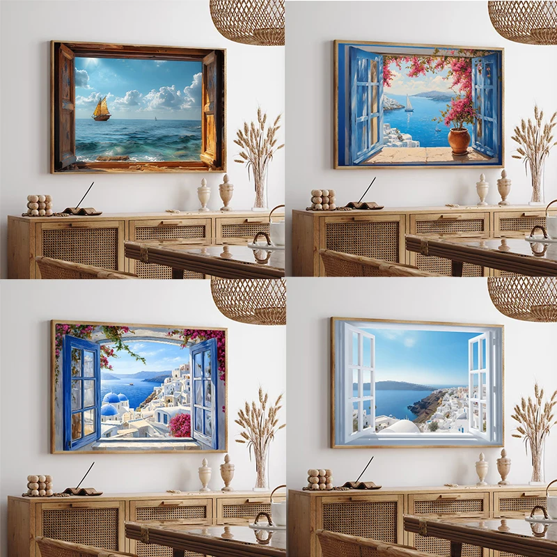 نافذة مفتوحة جزيرة سانتوريني سفينة بحر إيجه الجدار ملصق فني طباعة اليونان قماش اللوحة لغرفة المعيشة ديكور المنزل