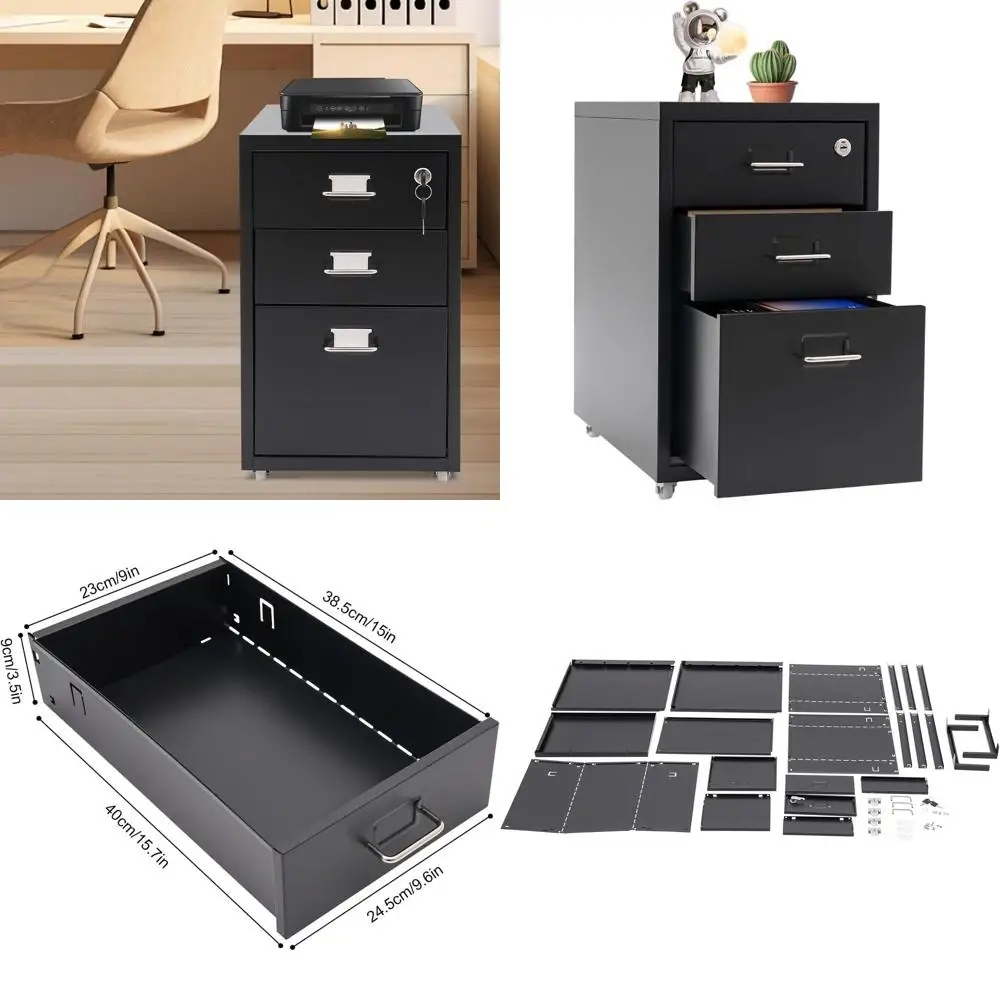

Mobile Locking Metal File Cabinet with Wheels, Vertical Storage Organizer for A4 Letter Size Files, 11x16x18.3in, Black