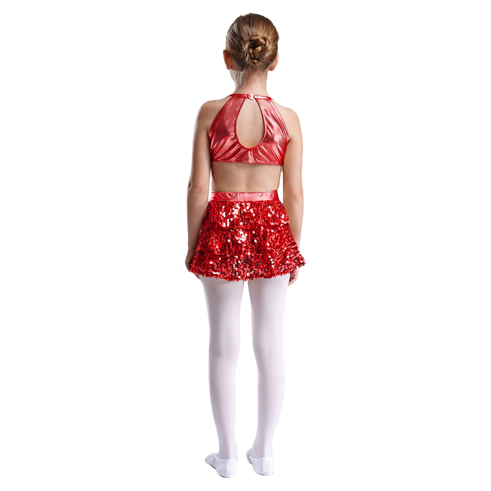 Kids Girls Ballet Dance Shorty Unitard Dress Tiered Ruffle Sequins Cutout Metallic Jazz Hip Hop Ballroom Performance Costume