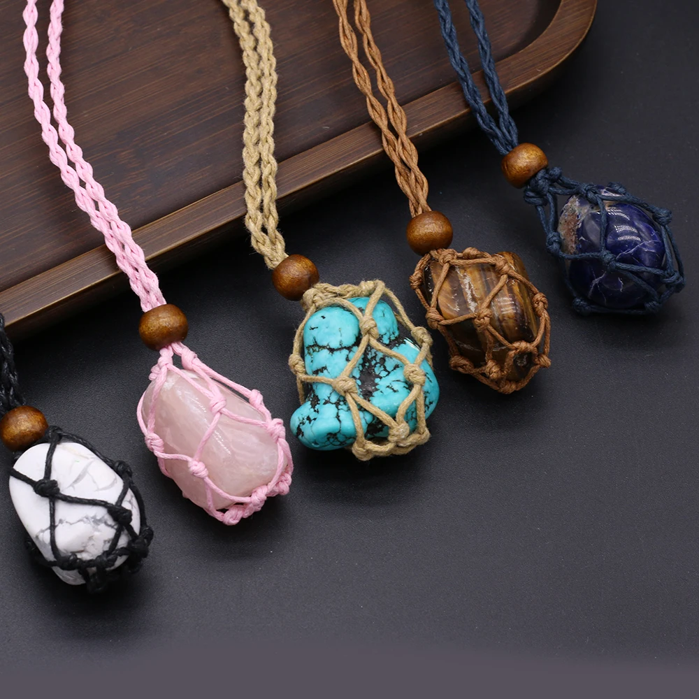 Natural Stone Net Bag Pendant Necklace Irregural Natural Tiger Eye Stone Amazonites Pendant Necklace for Women Jewerly Gift