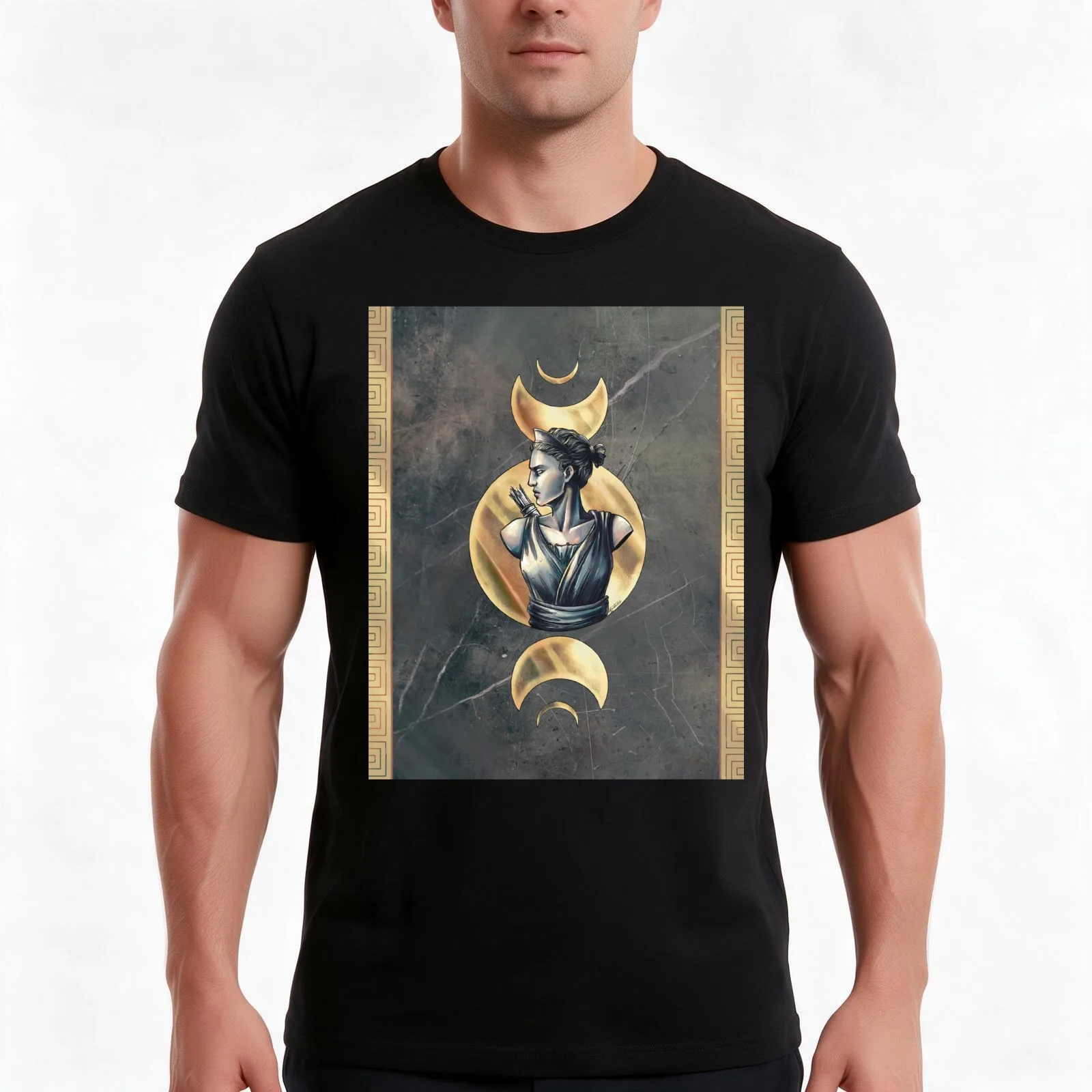 Artemis Moon Goddess Black Marble Gold T-Shirt, Summer Casual Cotton Tee, Oversized Streetwear Tops, Vintage Graphic Print