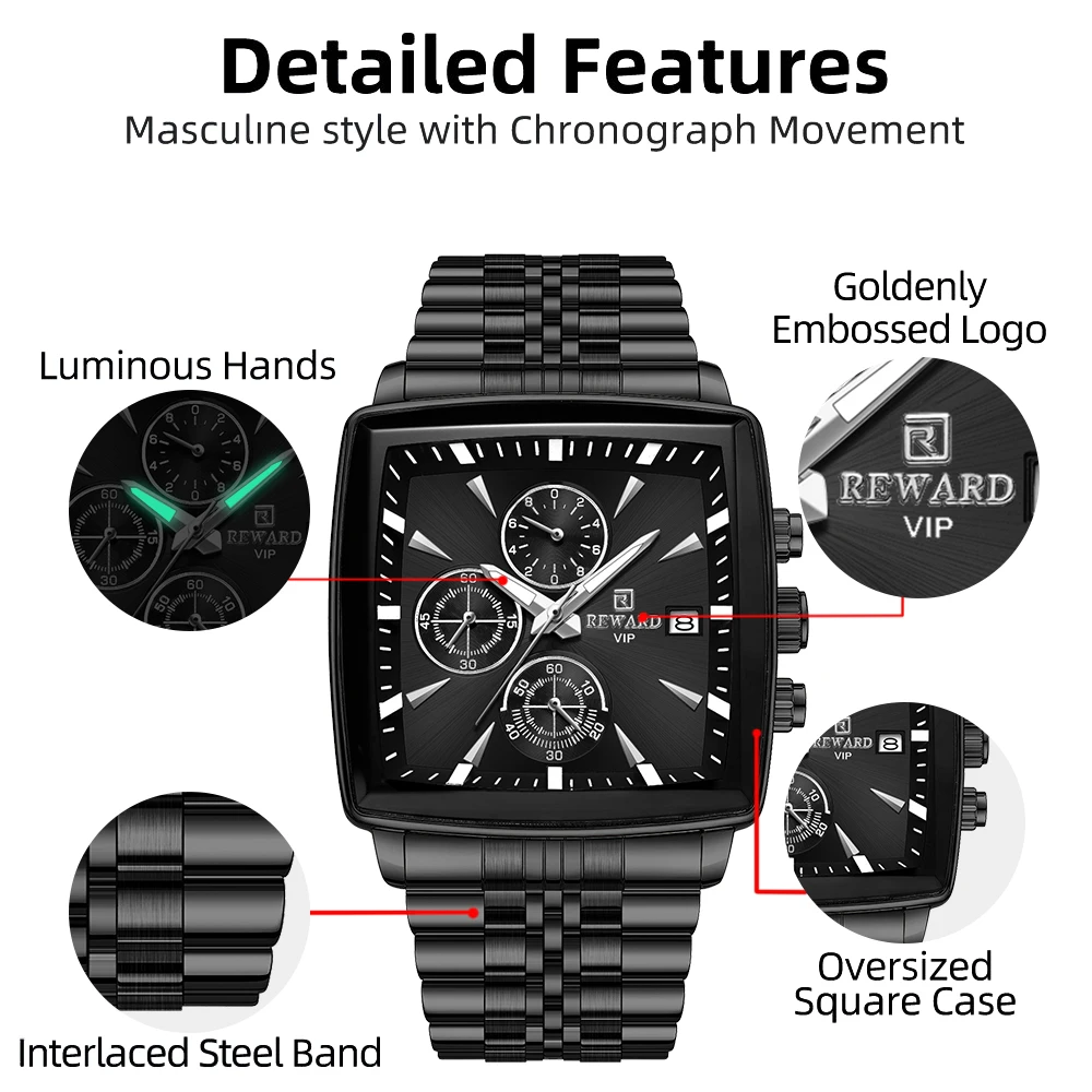 REWARD Black Rectangle Men\'s Watches Quartz Wristwatches Luxury Business Watch Clock Luminous Hands Waterproof Clock Man