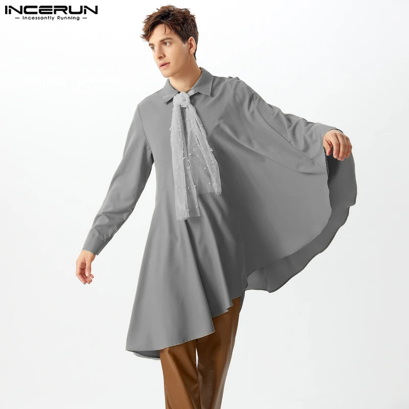 

Ruffled Egde Shirts Long Sleeve Loose Blouses INCERUN 2026 Lapel Collar Solid ELegant Tops Men Casual Patchwork Simple Top Tunic