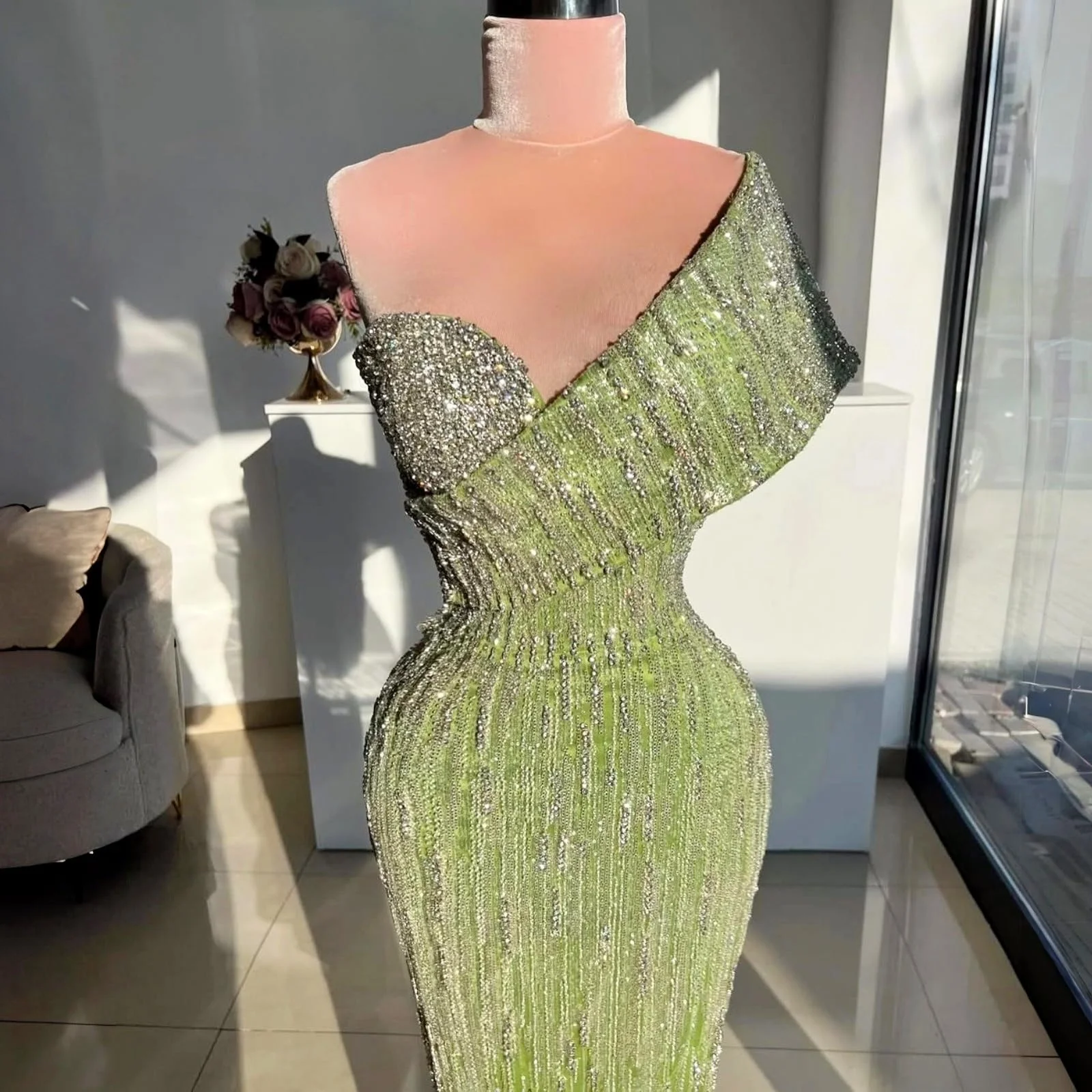 Асимметричное облегающее платье на плечах со стразами Яблочно-зеленое длинное бальное платье для банкета, свадьбы, вечеринки, настраиваемое
