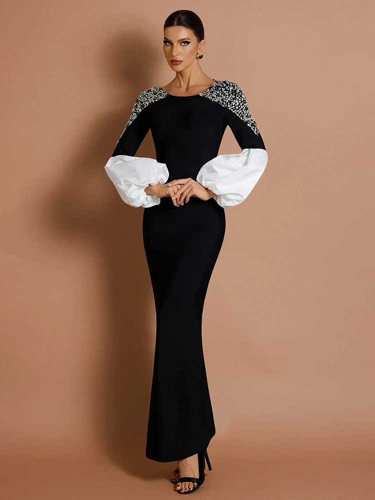 فستان ماكسي بأكمام واسعة من Art Gala Allure باللون الأسود والأبيض والكريستال #4