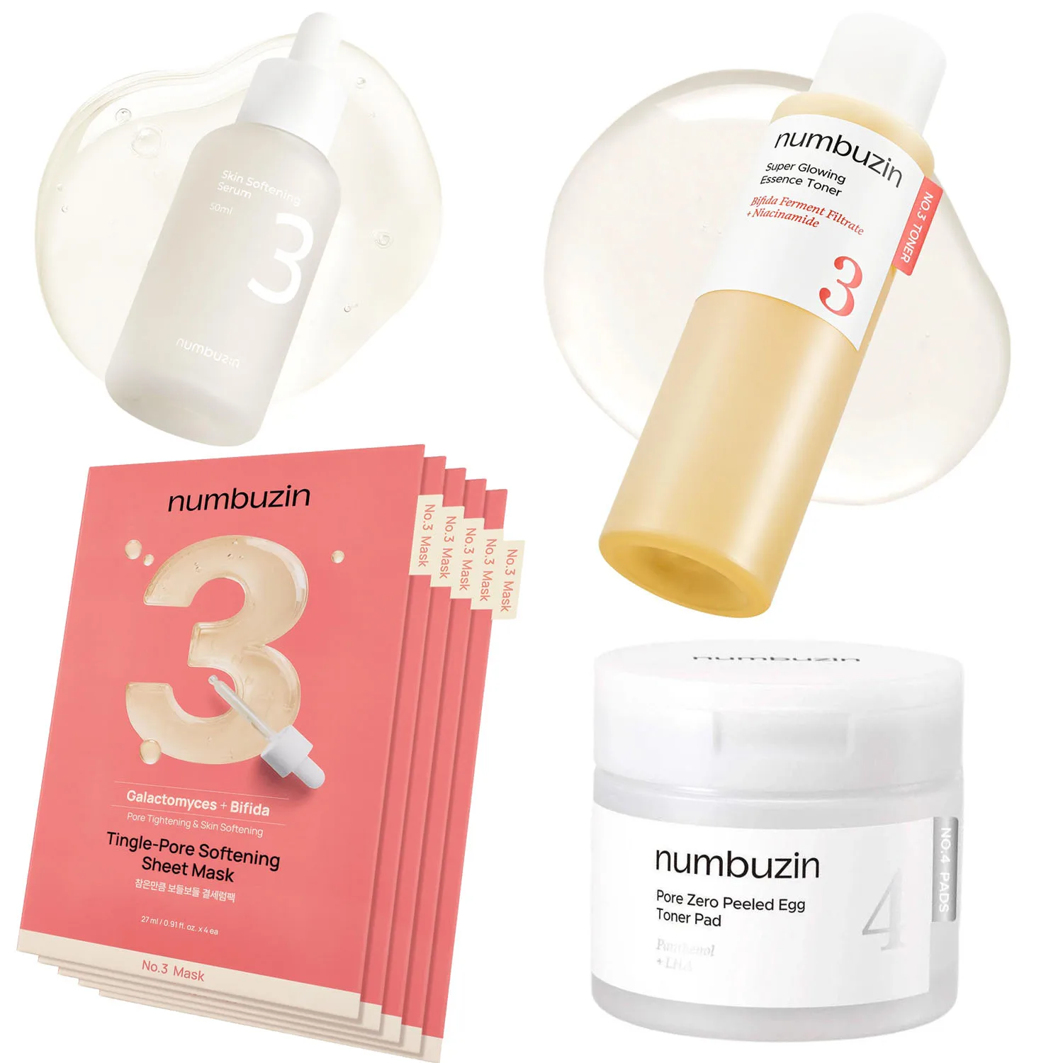 Esencia Hidratante y Revitalizante Numbuzin No.3/4, Esencia Súper Iluminadora, Tónico + Suero Suavizante, Mascarilla Calmante para el Cuidado de la Piel
