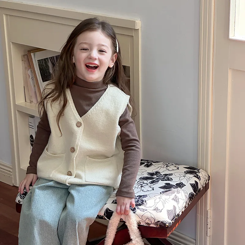 Children Clothes Girls Temperament Korean Style Casual Sweater Vest Autumn Warm Solid Color Casual Simple Knit Cardigan Vest image 6