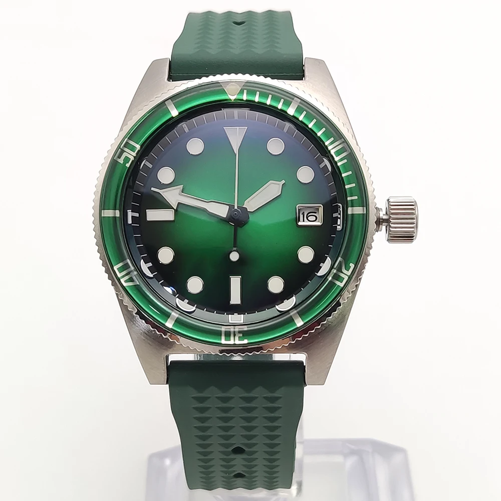 Мужские автоматические повседневные деловые механические часы NH35 с сапфировым стеклом и зеленым стерильным циферблатом, модные часы с резиновым ремешком