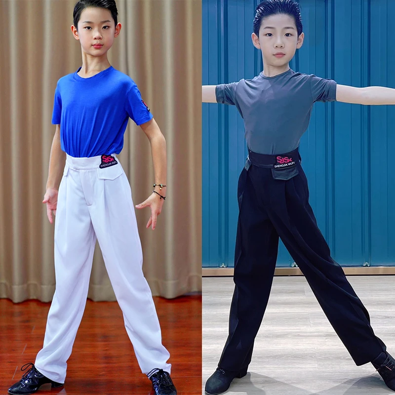 

White Pants Cha Cha Ballroom Dance Costume Latin Dance Clothes Boys Kids Practice Clothing Short Sleeves T Shirt Black