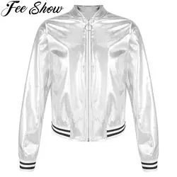 Girls Shiny Metallic Bomber Jacket Lightweight Sparkly Long Sleeve Zipper Jackets for Kids Modern Hip Hop Jazz Dance Coats