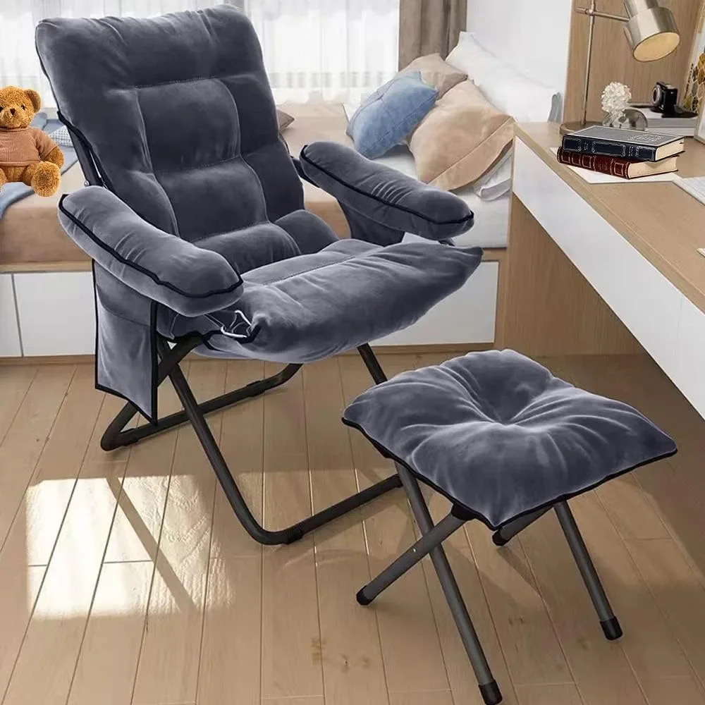 

Lazy Chair with Ottoman Foldable Aluminum Reclining with Armrests and Side Pocket Adjustable Reading Sofa Chair with Footrest