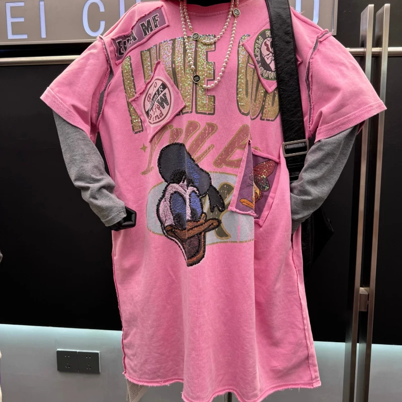 

2025 Autumn New Loose Mid-Length Oversized Slimming Sweatshirt Colorful Cartoon Fake Two-Piece Pullover Jacket Sudaderas Ladies