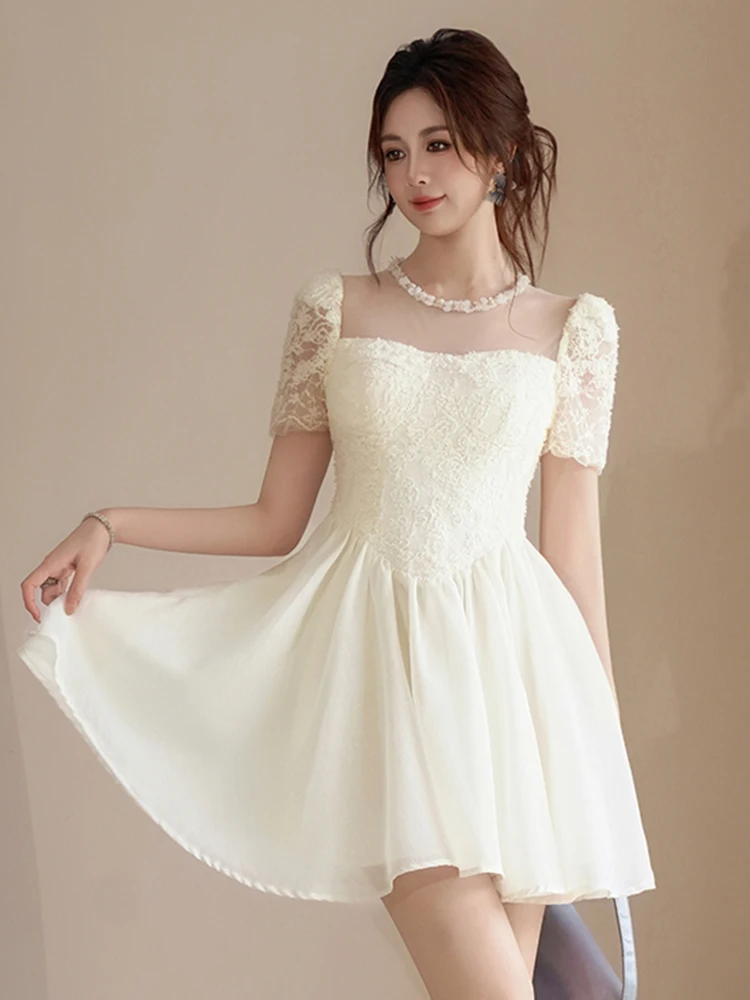 Abito da donna dolce ed elegante con data femminile adorabile carino maglia trasparente pizzo ricamato abito da ballo corto Lady banchetto festa Vestido Mujer