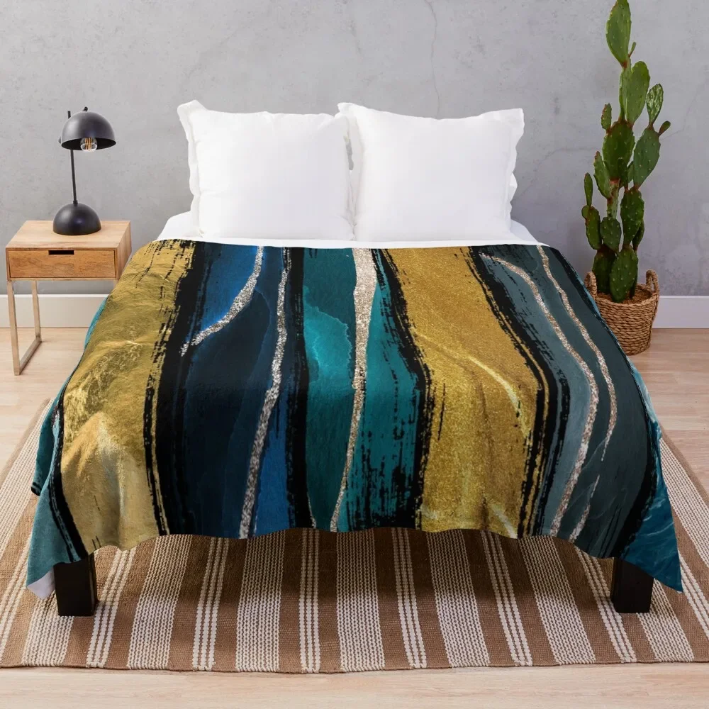 Abstract Vertical Brushstroke Teal and Gold Throw Blanket Bed Luxury Brand Softest For Baby Blankets