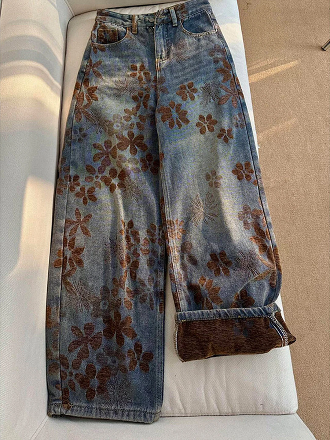 

Retro American Embroidered Thiened Denim Pants Men's Trendy Loose Straight Wide Leg Winter Warm High Waist Dstring Jeans