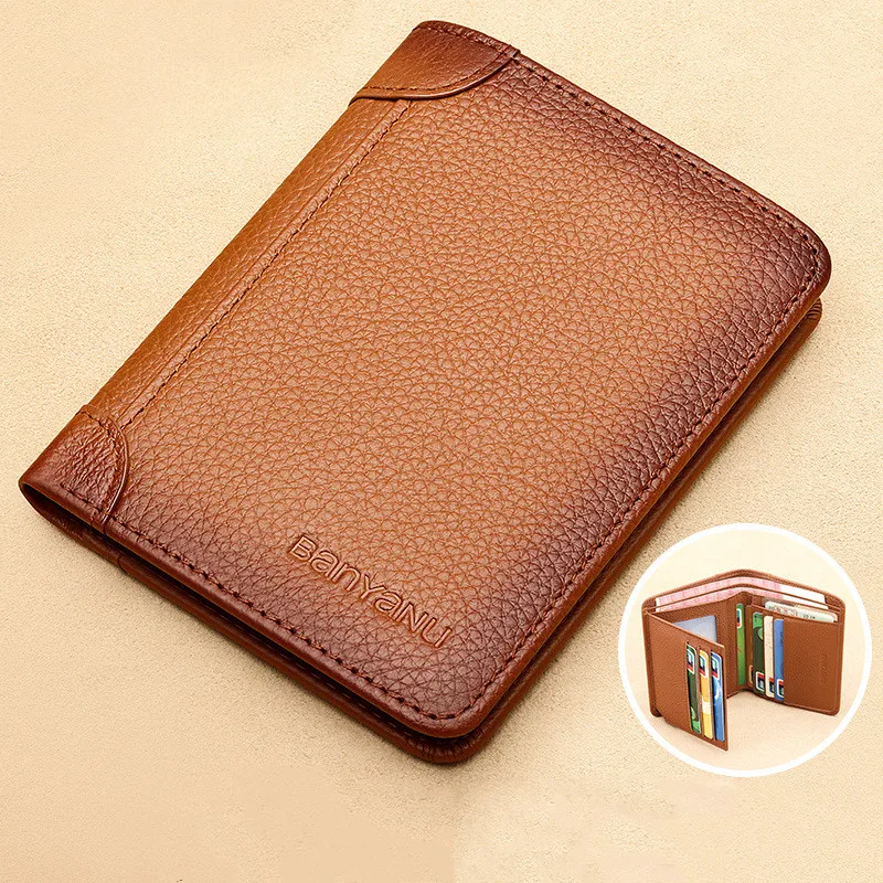 

Litchi Grain Genuine Leather Men Wallet RFID Blocking Trifold Wallets With ID Window And Credit Card Holder Wallets For Men