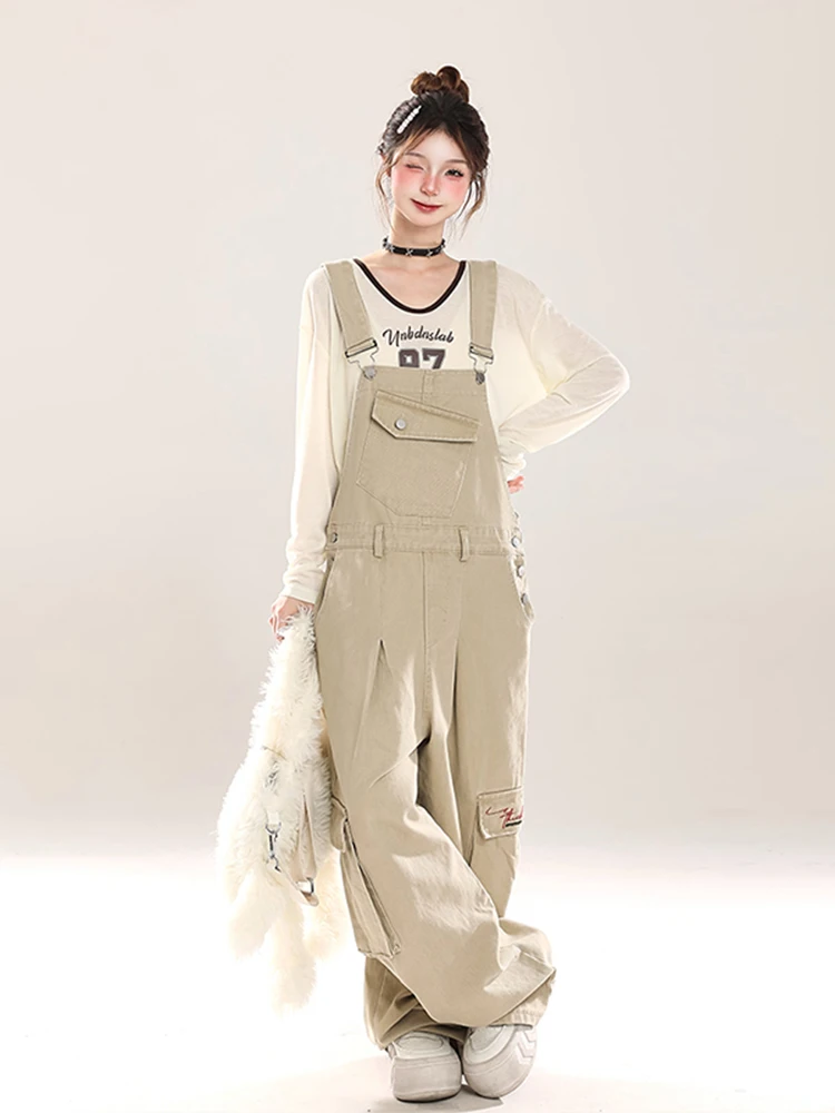 Macacão jeans feminino solto rua sle multi-ket casual calças de perna larga cintura alta coreano sle primavera faion plus size