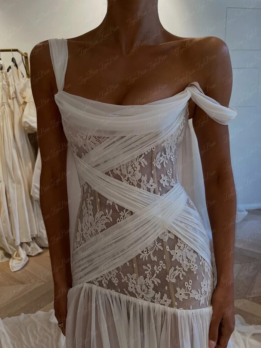 Ranmo Personalizzato 2026 Abito da sera con spalle scoperte Elegante corsetto in chiffon Abito da cerimonia nuziale in pizzo Piega abito da sposa lungo fino al pavimento