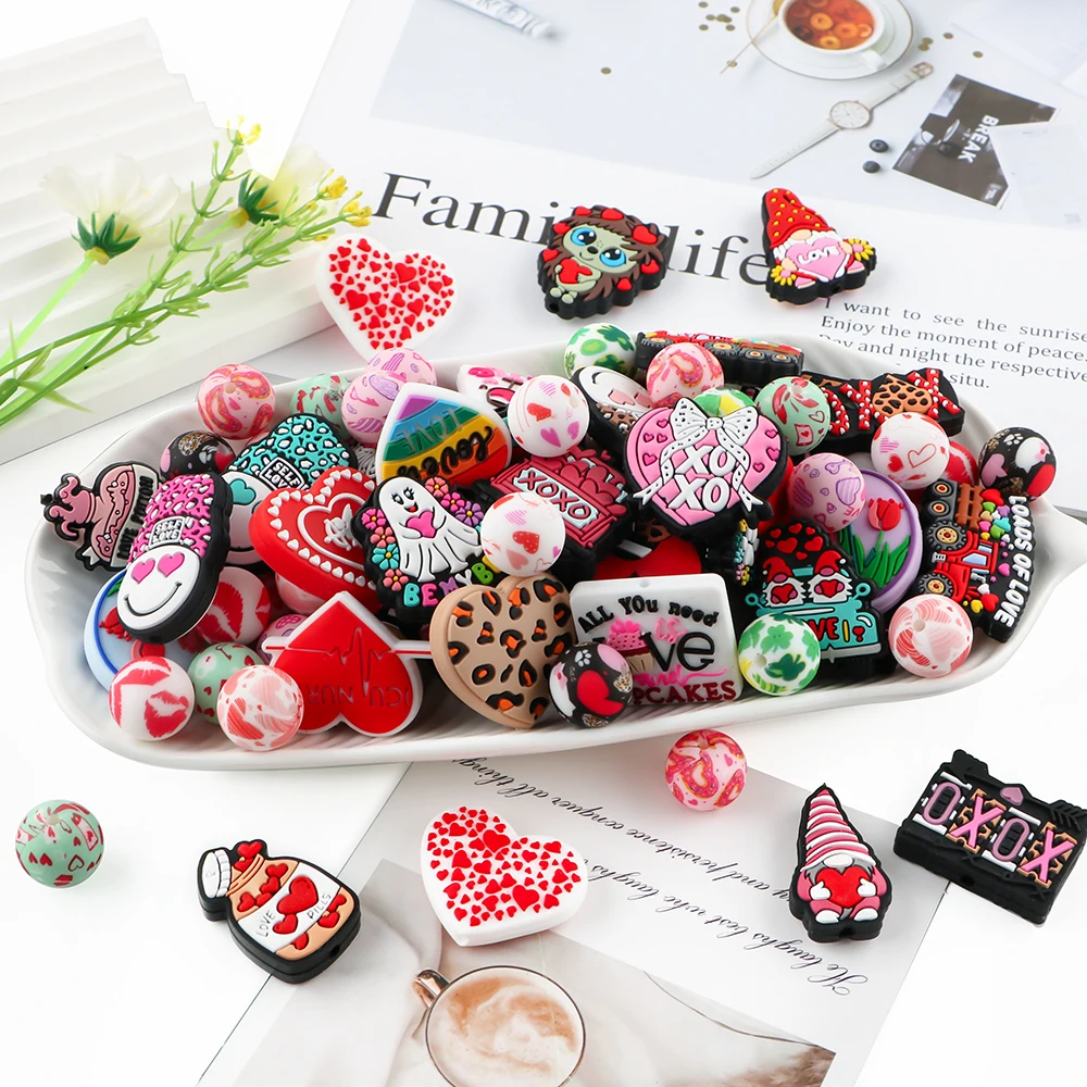 Sunrony 5/10Pcs New Focal Silicone Beads Valentine Series Love Bead For Jewelry Making DIY KeyChain Necklace Bracelet Accessorie