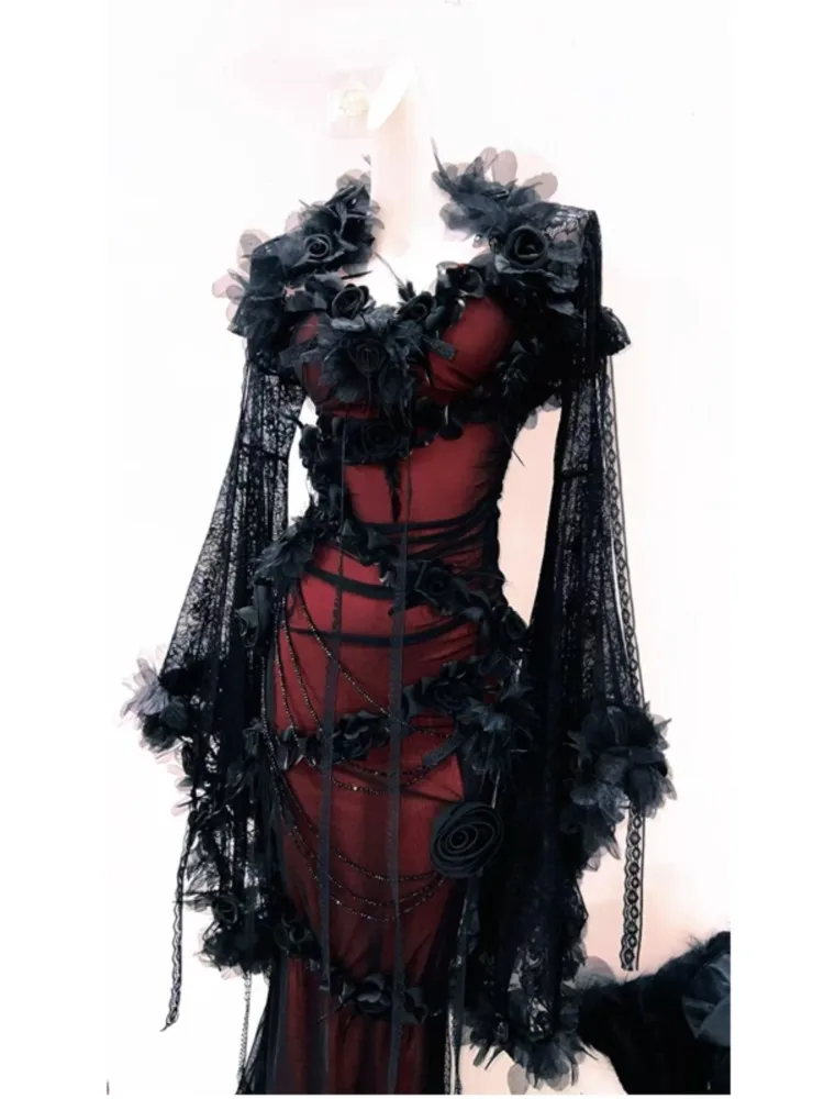 Dark rose collar beaded tulle dress