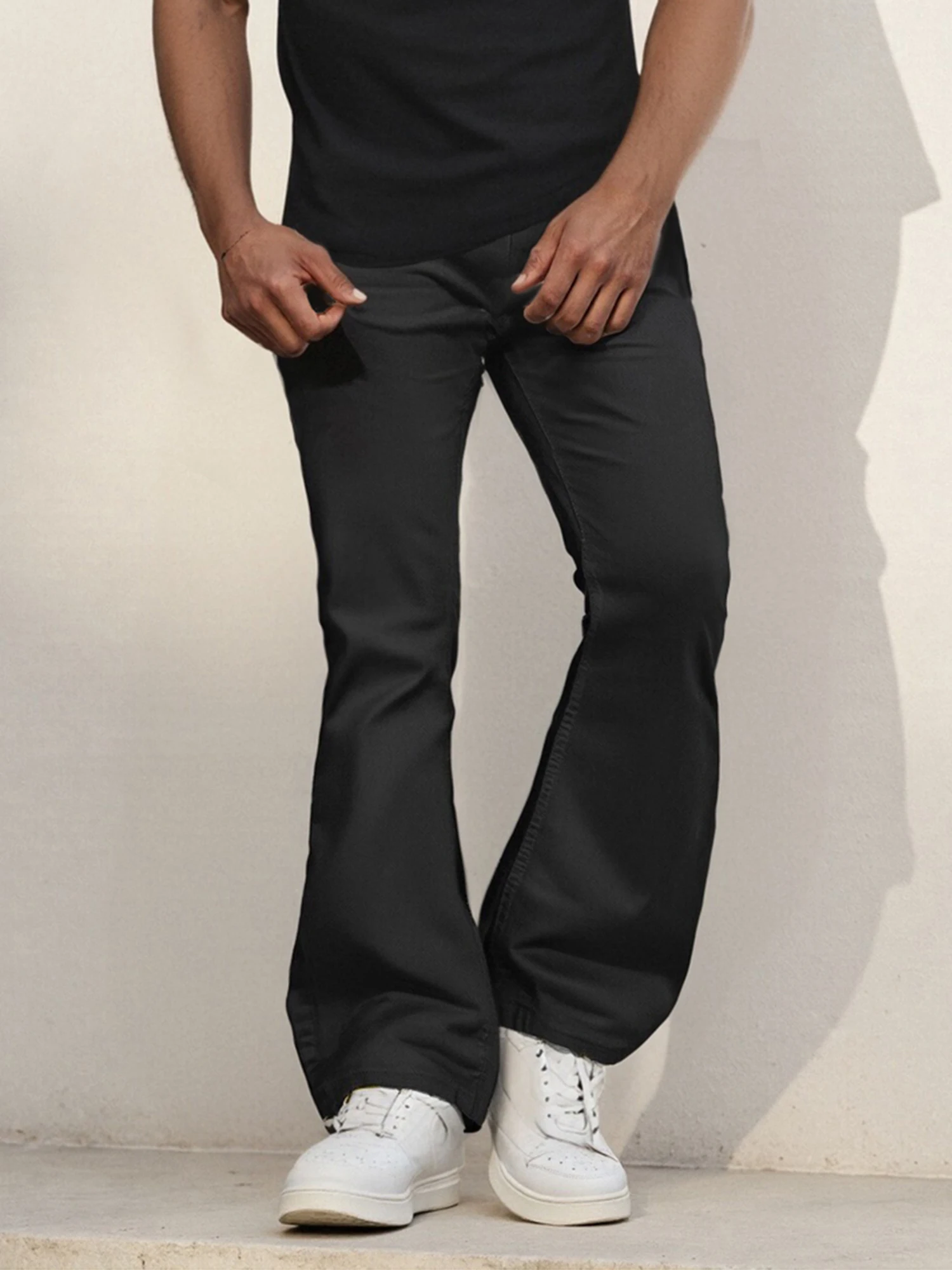 Men s Retro Flare Pants Solid Color Mid-Rise Trousers Casual Classic 70s Bell Bottom
