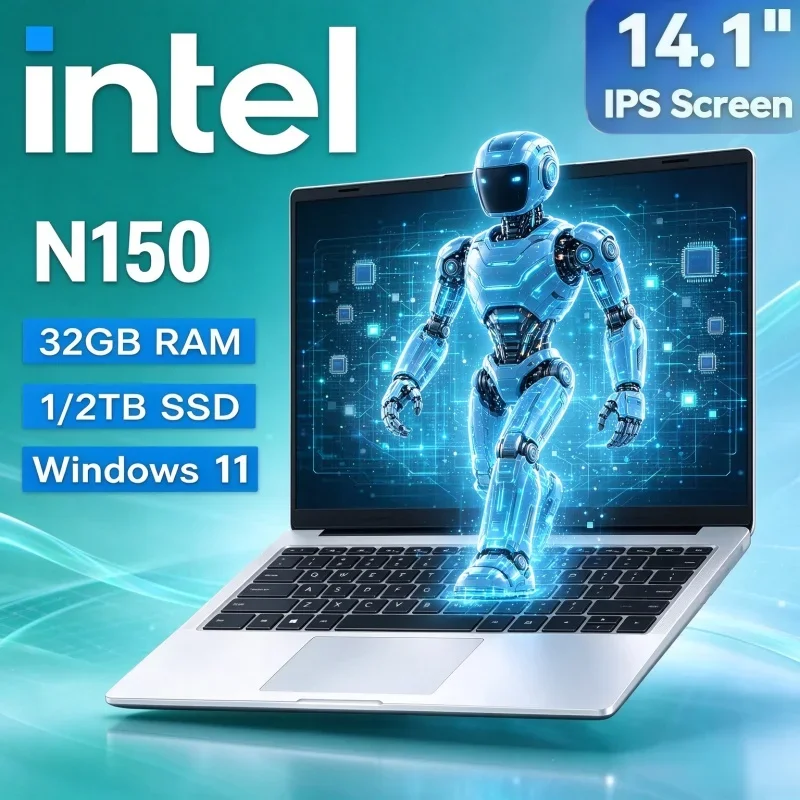 14.1 Inch 1080P Ultra Portable Laptop Intel N150 32GB RAM 2TB SSD Windows 11 Notebook For School Work & Media Streaming