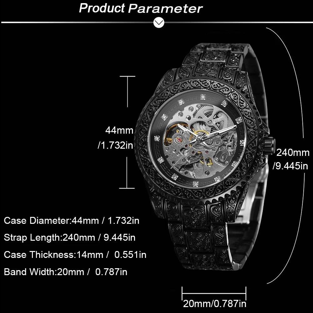 FORSINING Schwarz Vintage Carving männer Skeleton Automatische Mechanische Uhren Strass Coole Mode Retro Edelstahl Uhren