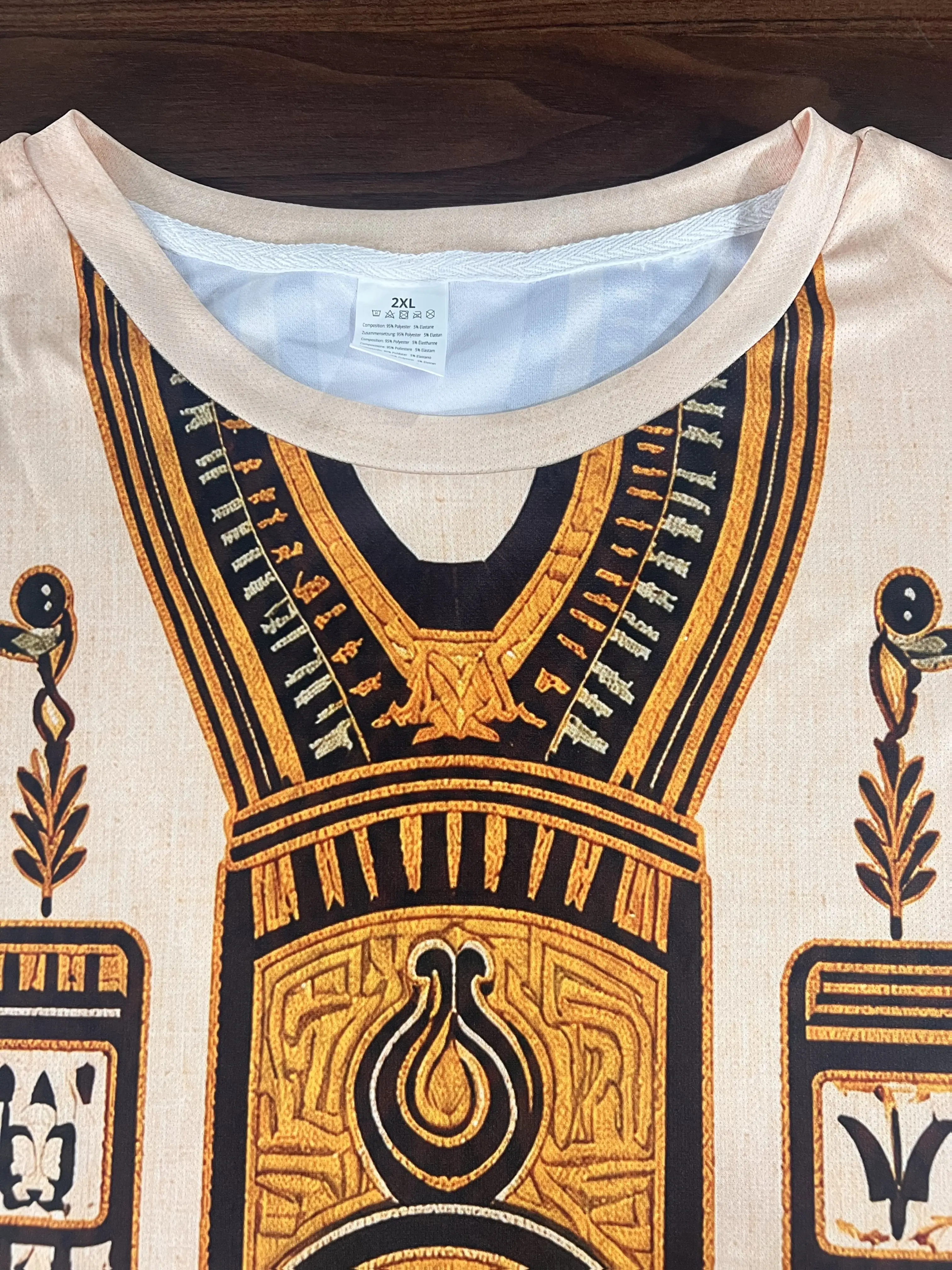 Herren-T-Shirt mit altem ägyptischem Totem-Volldruck, Pharaonen-Ethno-Retro-Oberteil mit Leinenstruktur und Rundhalsausschnitt – Detail 5