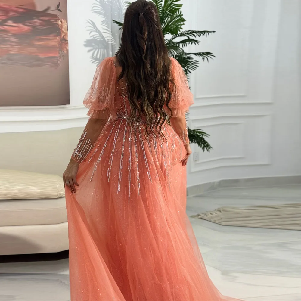 Robe de soirée pour invités de mariage, détails de perles personnalisés, col en V, manches longues, robe de bal, Tulle scintillant