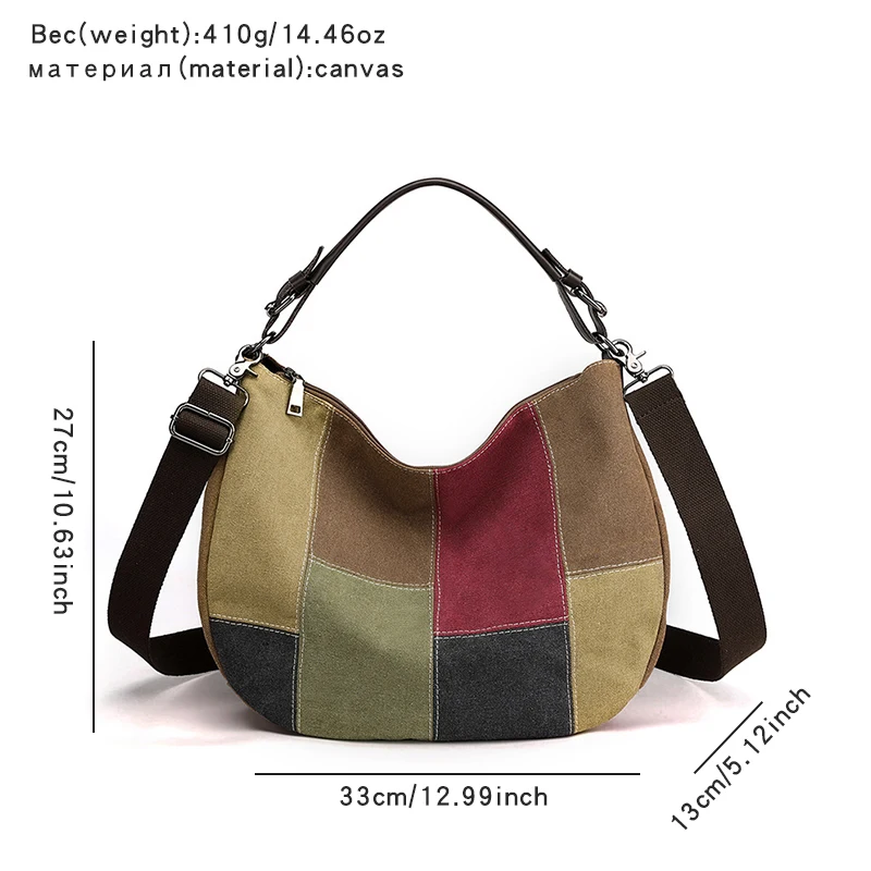 Vintage Canvas Bag Women\'s Large Capacity Single Shoulder Bag Color Patchwork Crossbody Bag Women\'s Portable Commuter Bag