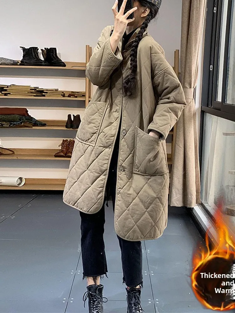 

Korean Japanese Brand down Cotton Jaet Women's Loose Thiened Warm Outerwear Mid-Length Lightweight Fce-Lined Coat