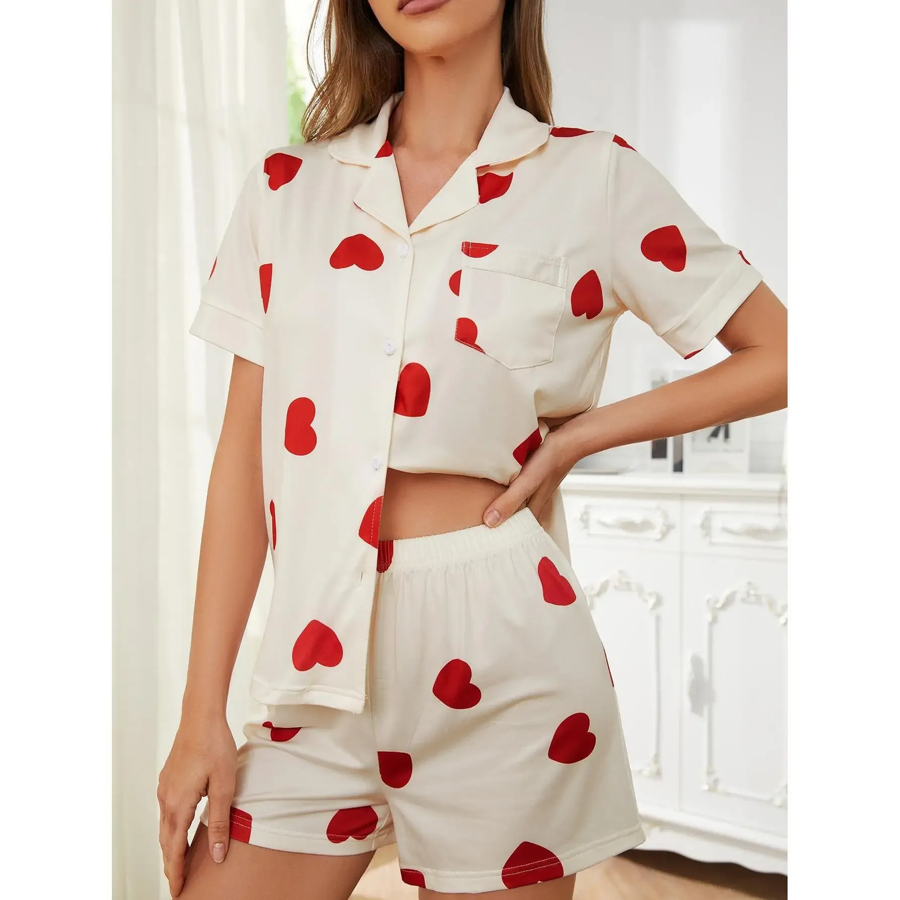 

Love Print Summer Women Sleepwear Short Sleeve Cardigan Shirts Shorts Two Piece Pajama Sets Homewear Nightwear Loose Casual