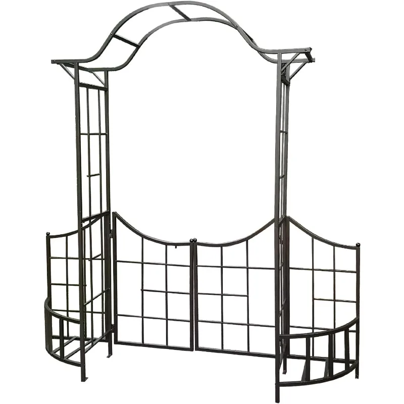 

Decorative Steel Garden Arch Arbor Trellis with Gate, Fence and Planter Holders for Climbing Plants, 7.5 Ft Height