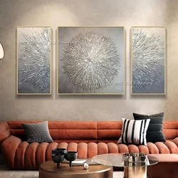 Living room decorative painting silver 100% hand-painted abstract modern minimalist 3 Panel light luxury sofa background wall