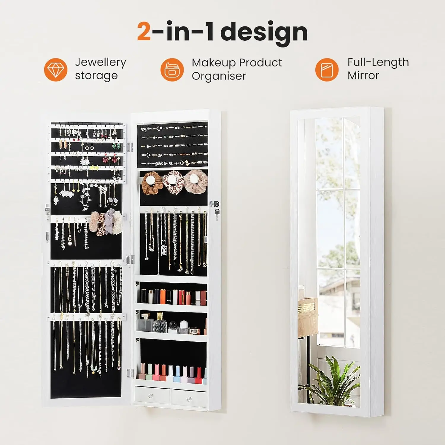 47.2-inch Jewelry Armoire with LED Lights, Full-Length Mirror, Lockable Storage for Wall or Door Mounting