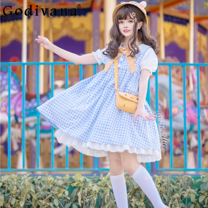 

Original Design Bow Ruffles Doll Collar Puff Sleeve Pink Plaid Dress Girly Y2k Loose Mid-Length Dress Women Fashion Summer Dress