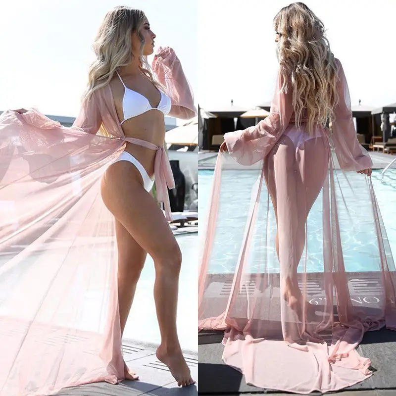 Women Chiffon Bikini Cover Ups Long Sleeve Deep V Neck See-through Maxi Dress Sexy Lace-up Summer Beachwear