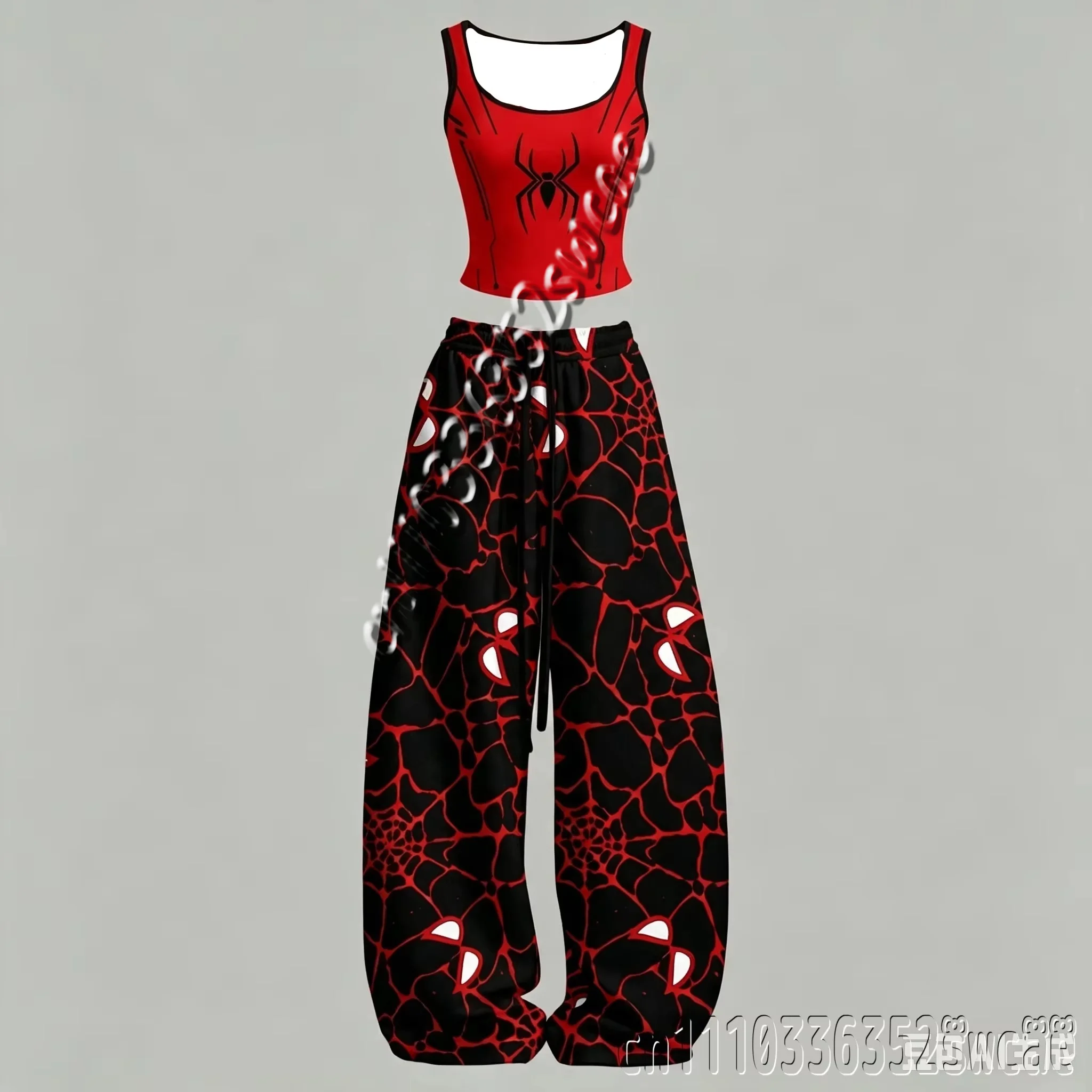 26/27New Spider Web Print Crop Tank Top Wide Leg Pants Set  Hot Girl Outfit Casual Two Piece Tracksuit Streetwear FamilyMatching