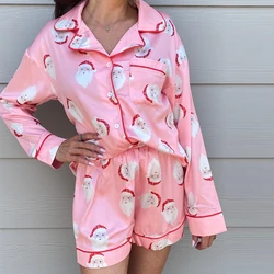 Women Pink Christmas Pajamas Cute Santa Pjs Long Sleeve Button Down Shirt Pants 2 Piece Xmas Jammies Loungewear