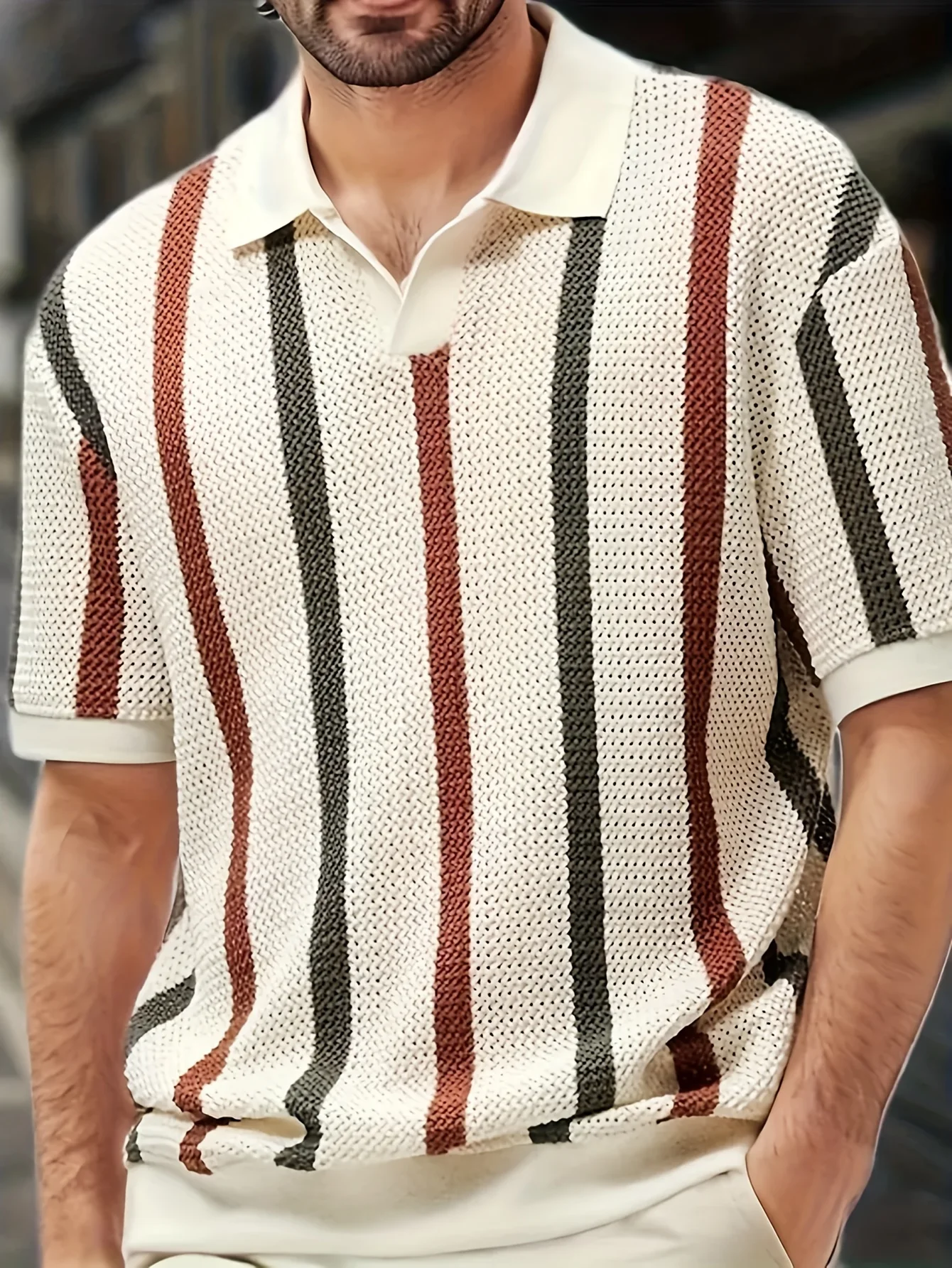 Herren Frühling/Sommer Leichter Gestreifter Strick-Cardigan mit V-Ausschnitt Kurzarm-Poloshirt. Business Casual Slim-Fit-Stil Atmungsaktiv