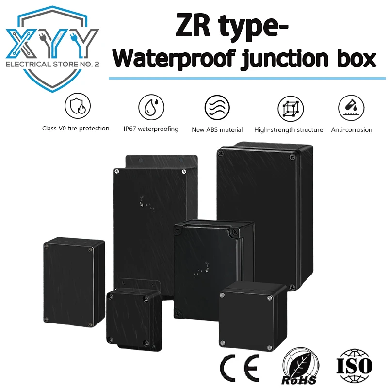 V0 Grade Flame-Retardant Black Plastic Waterproof Junction Box, IP66 Waterproof Outdoor Power Supply Sealed Instrument Box