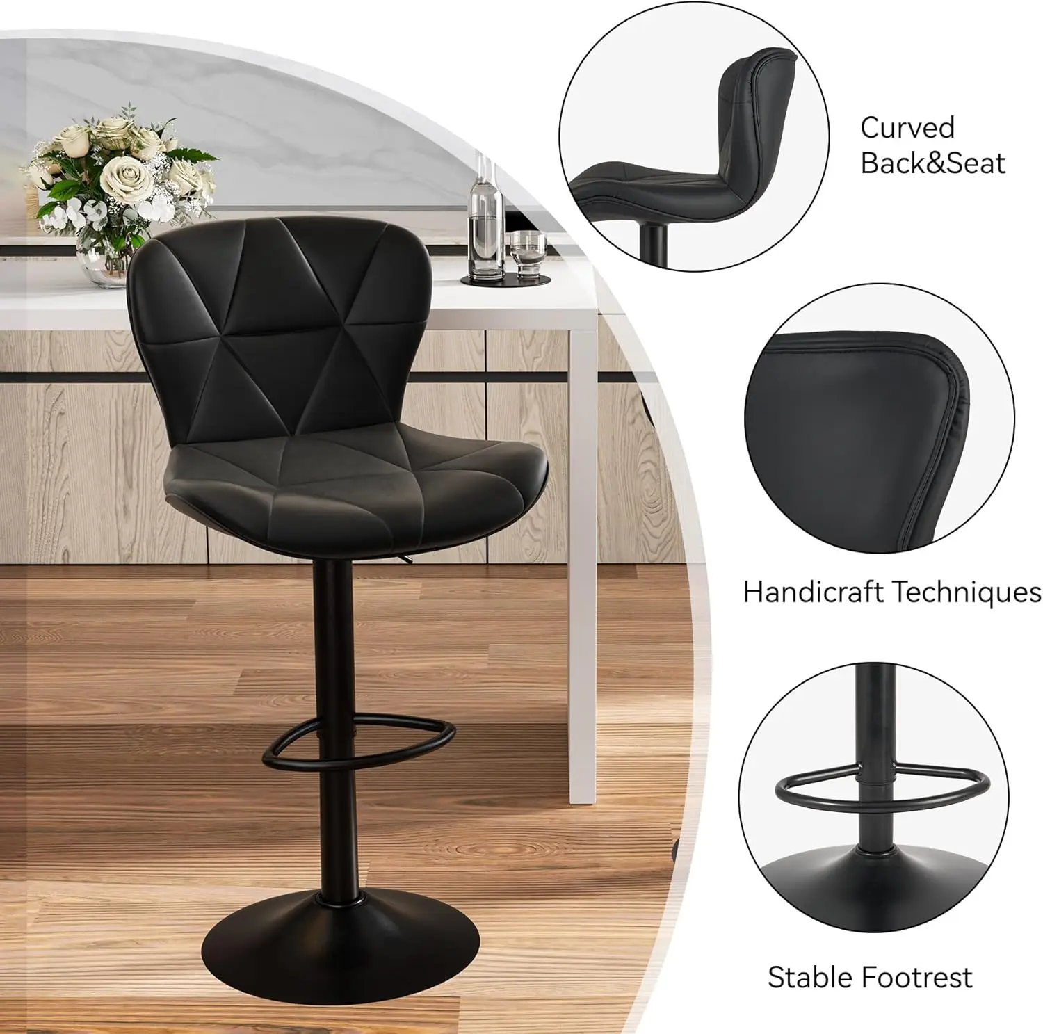 Modern Bar Stools, Adjustable Faux Leather Upholstered Swivel Bar Stools, Counter Height Bar Chairs with Back for Kitchen Island