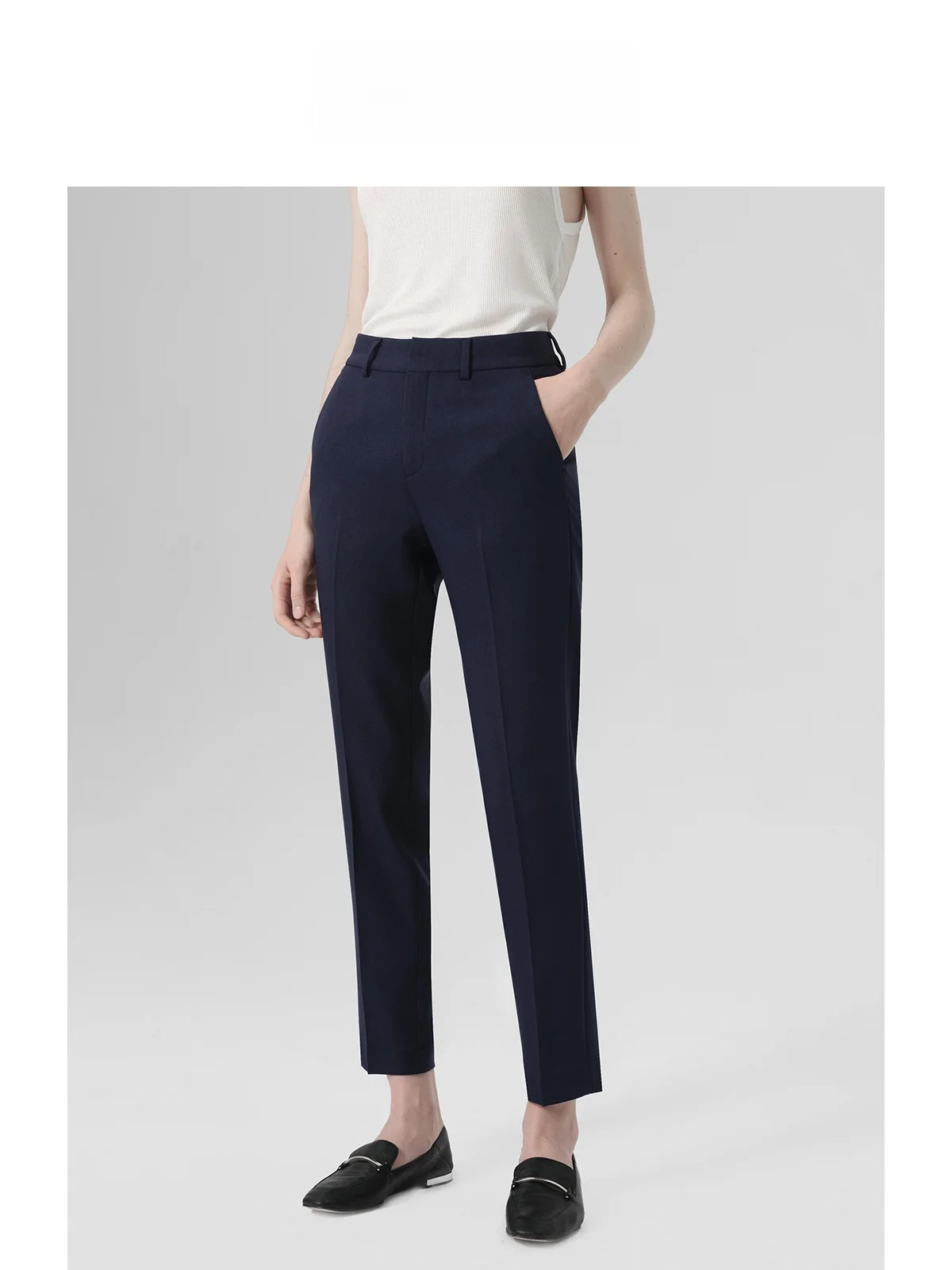 

LeLenth Summer New Style Business Women's Straight Leg Pants Slimming Commute Dark Blue Suit Pants High Waist Polyester