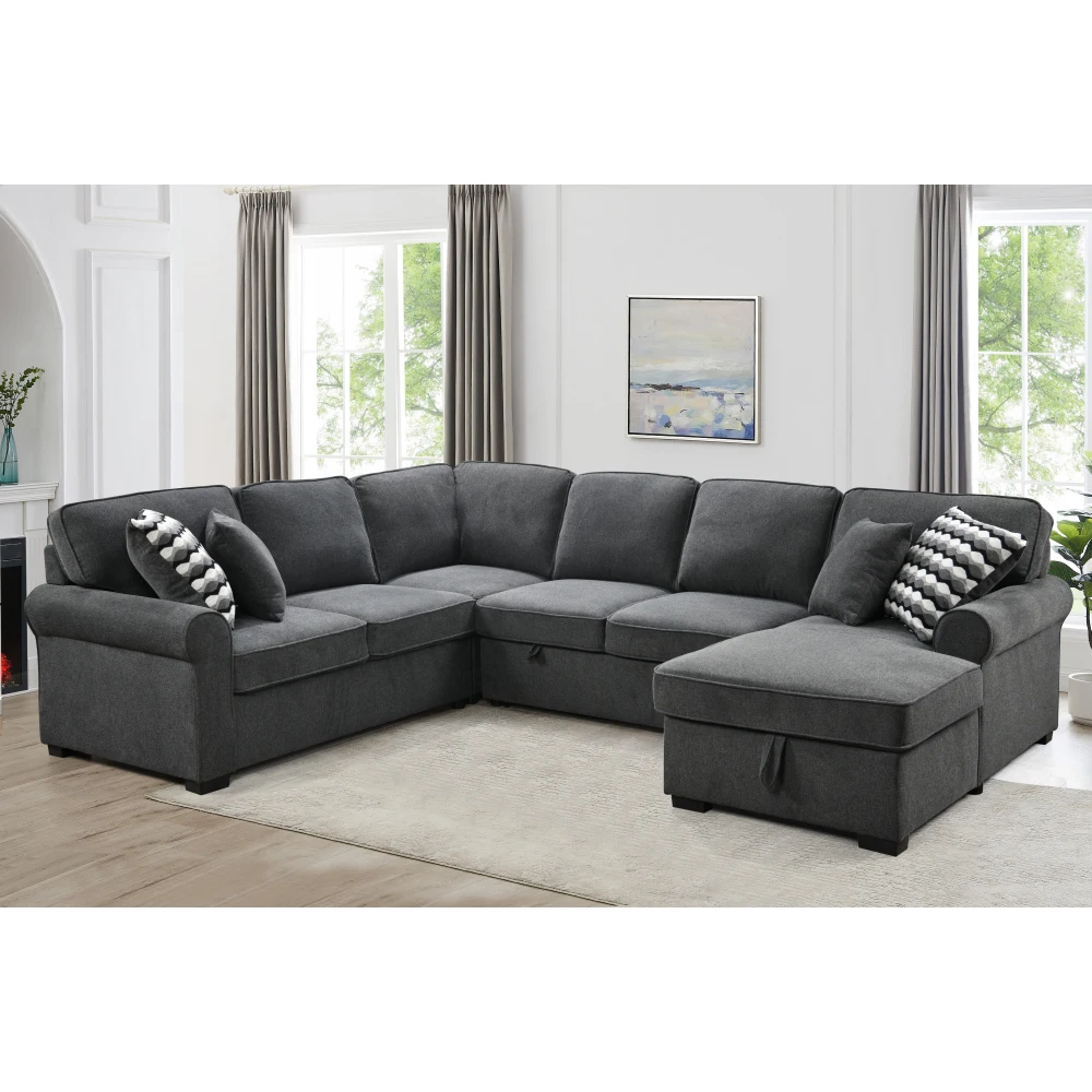 Sectional Sofa with Storage Chaise, U Shaped Sectional Couch, Soft Backrest Cushions, with 4 Throw Pillows for Space Dorm