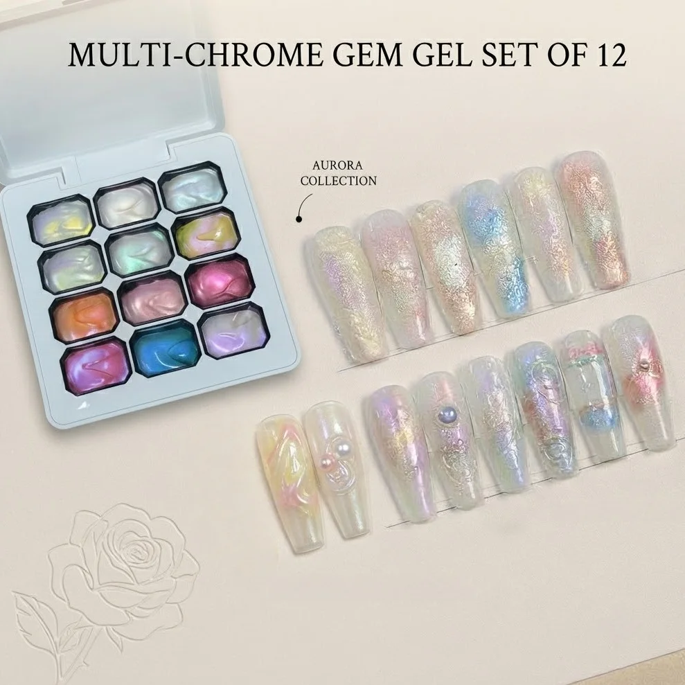 12 Shades Aurora Pearl Mermaid Solid Nail Gel ， Chameleon Shimmer Patting Gel UV LED Soak Off Pigment For Shiny Nail Painting