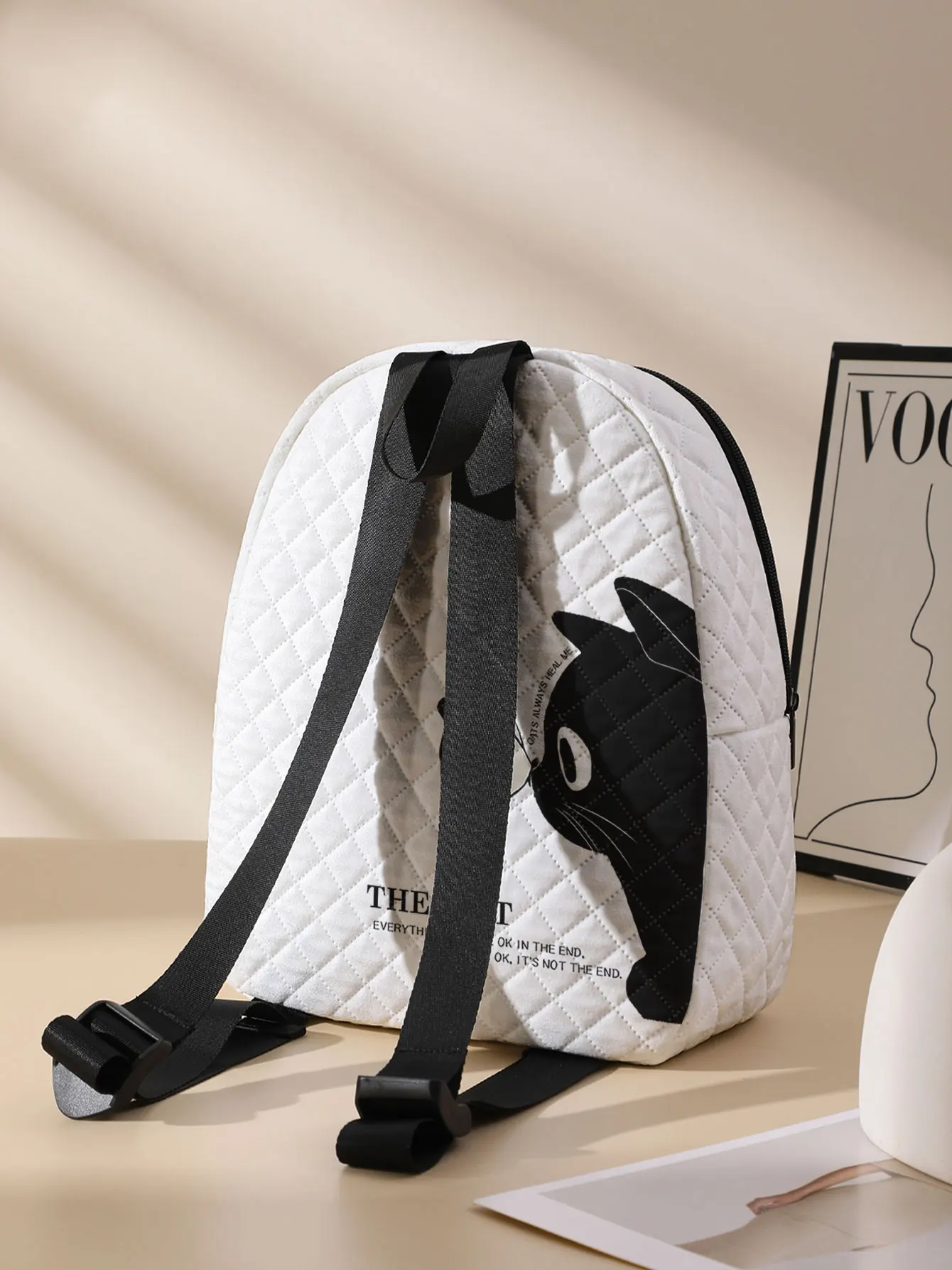 Black Cat Butterfly Print Quilted Compact Backpack, Suitable For Outdoor, Travel, Campus, Unisex For Men And Women Daily Use view 2