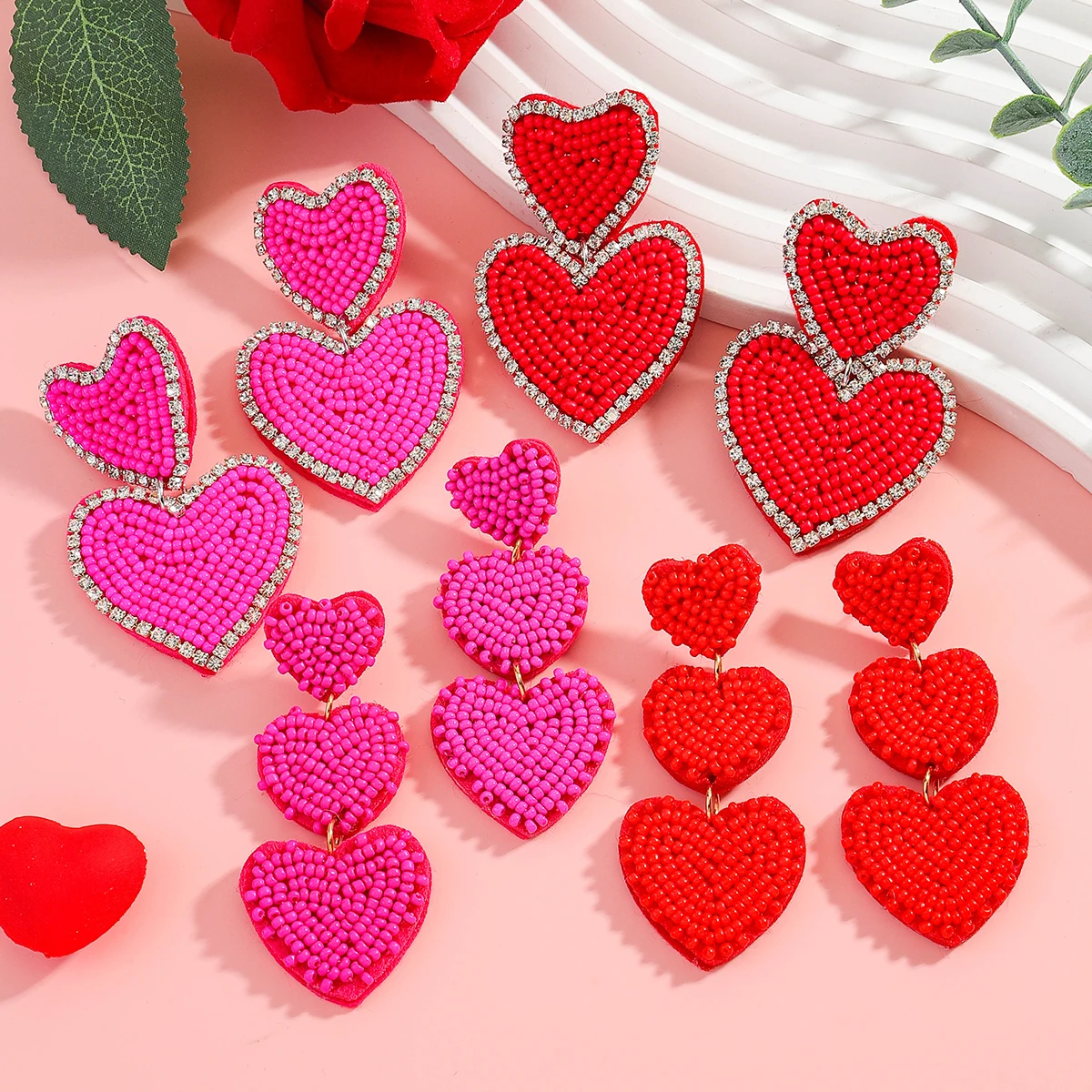

2026 New Valentine's Day Heart Earrings Women's Double Layer Beaded Rhinestone Red Pink Earrings Romantic Party Jewelry Gift ﻿