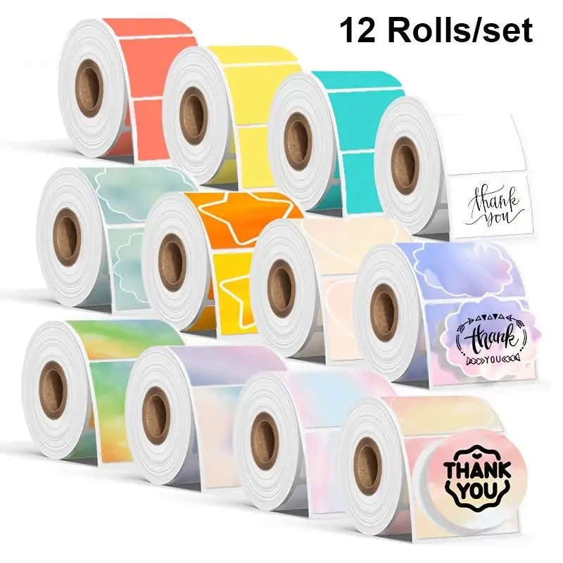 12 Rolls/Set New Thermal Label Printer Sticker Self-Adhesive Color Laser Thermal Paper