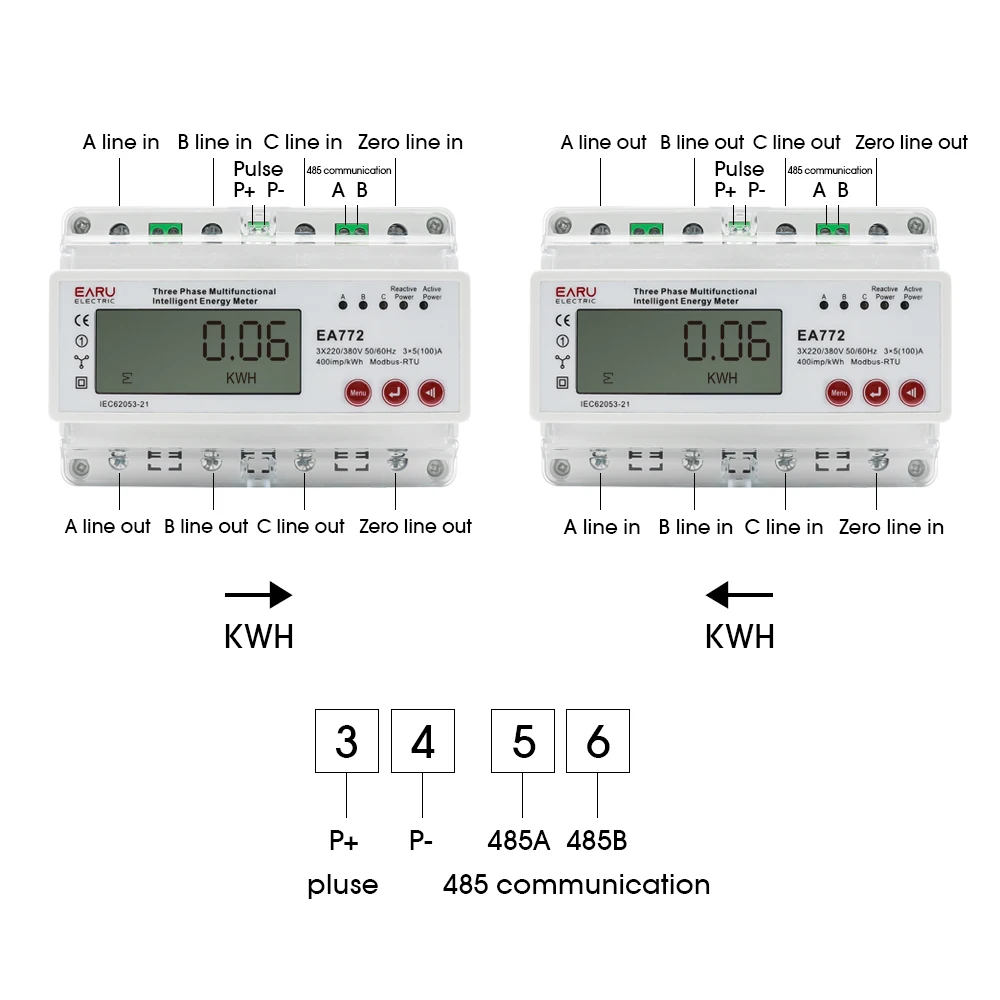 100A Three Phase Multifunctional Intelligent Electronic Bidirectional Energy Power Factor kWh Meter Over Under Current Voltage