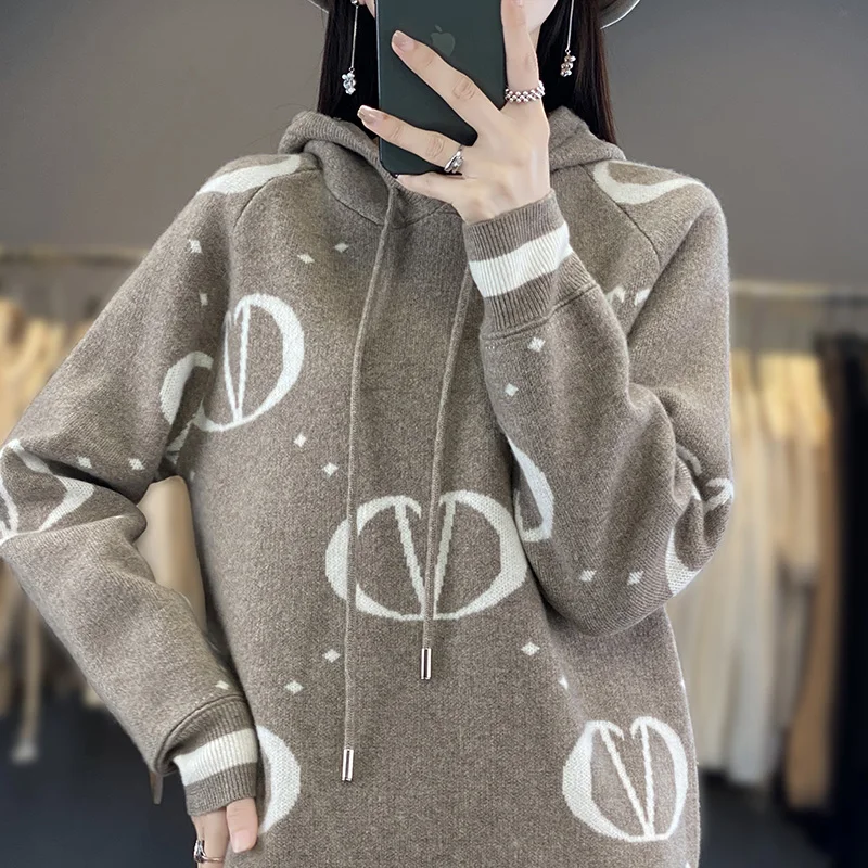 

New hooded sweater 100% merino wool pullover casual knit loose top ladies Korean fashion cashmere sweater